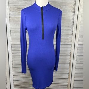 FOREVER 21 Bodycon Ribbed Long Sleeve Mini Dress Zip Neckline Cobalt Blue-Large
